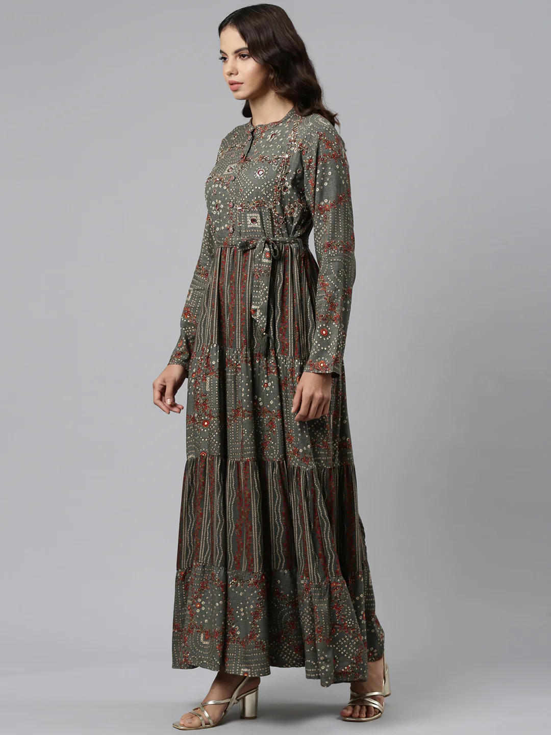 Neerus Grey Straight Casual Printed Maxi Dresses - Image 2