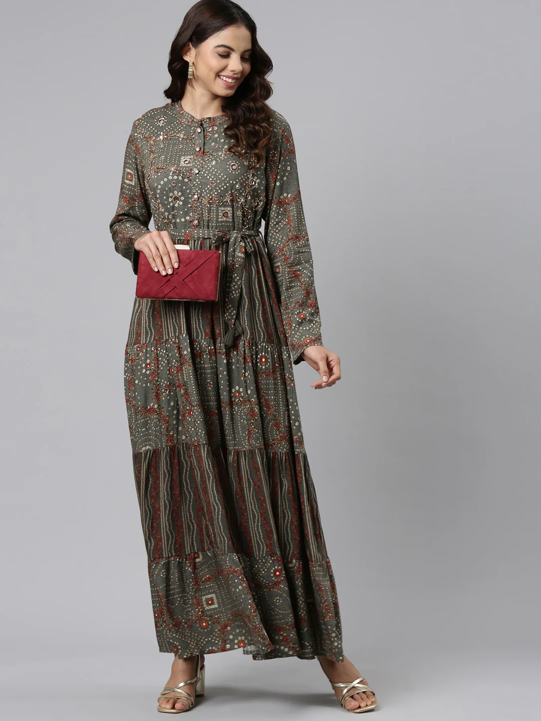Neerus Grey Straight Casual Printed Maxi Dresses - Image 5