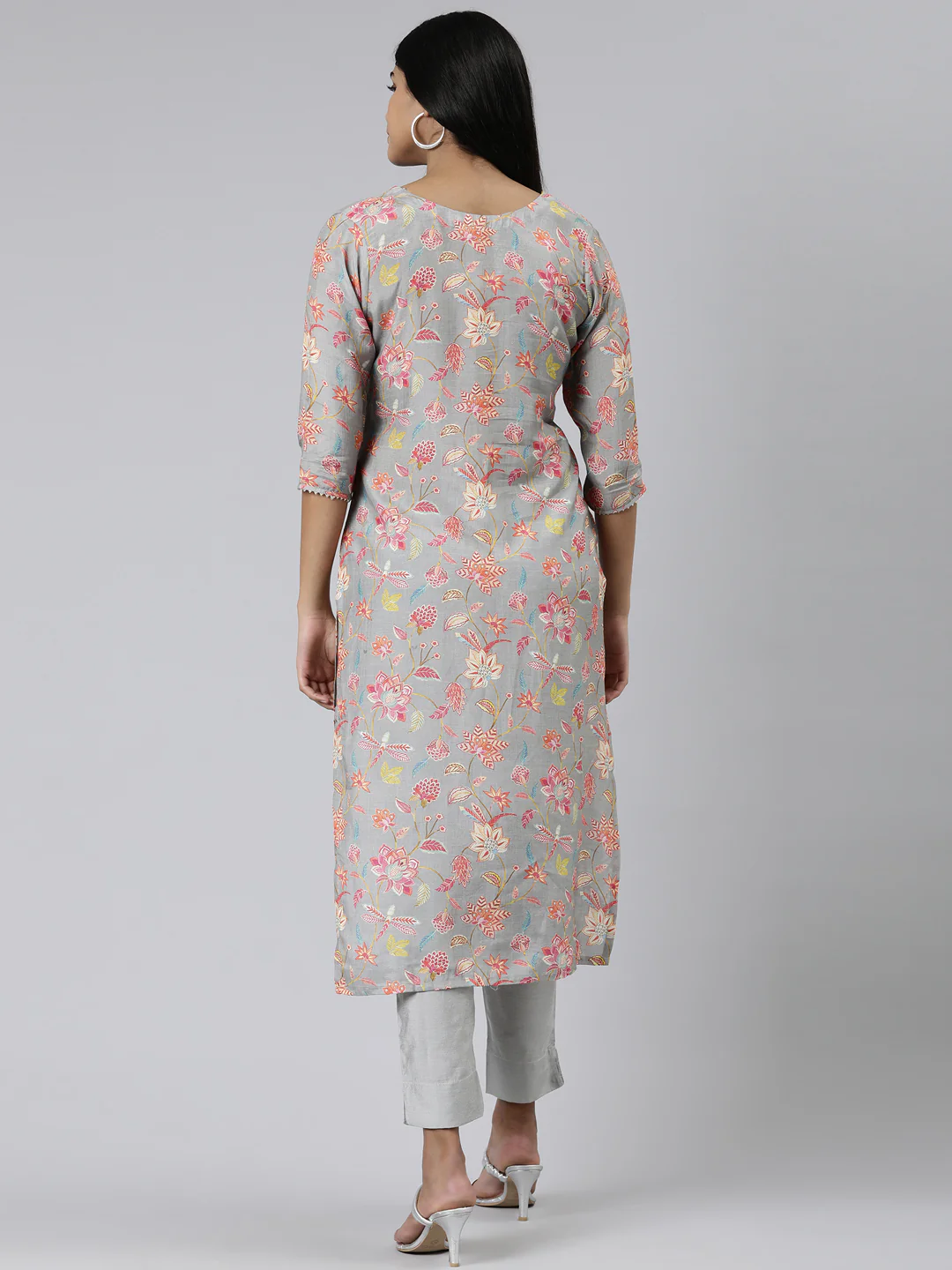 Neerus Grey Straight Printed Cotton Kurta - Image 3