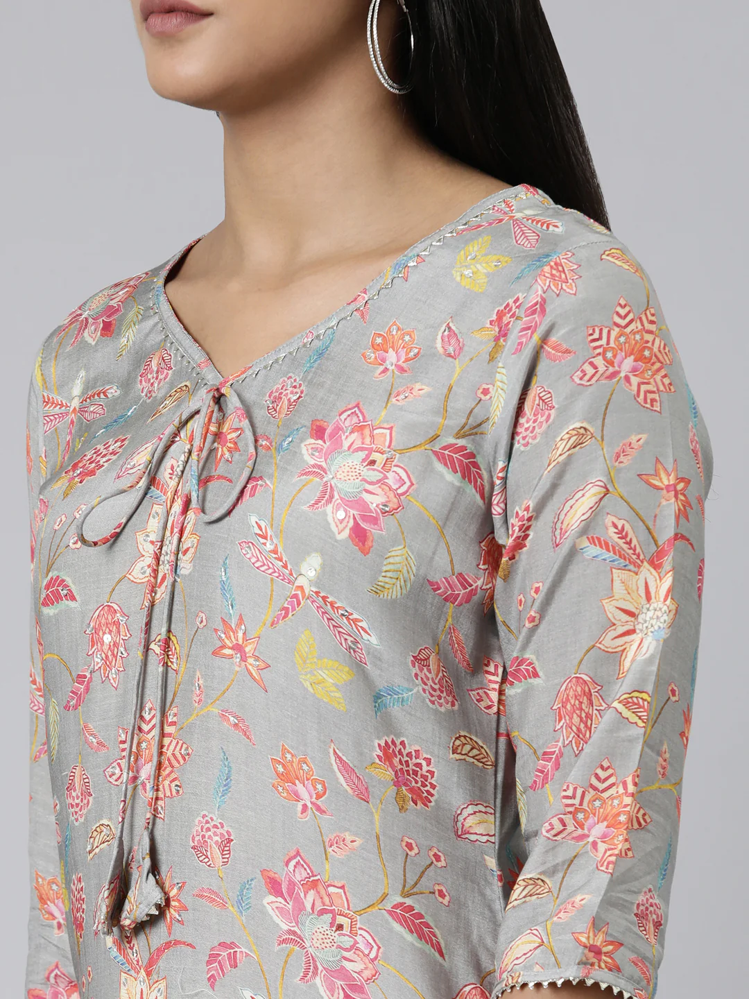 Neerus Grey Straight Printed Cotton Kurta - Image 5
