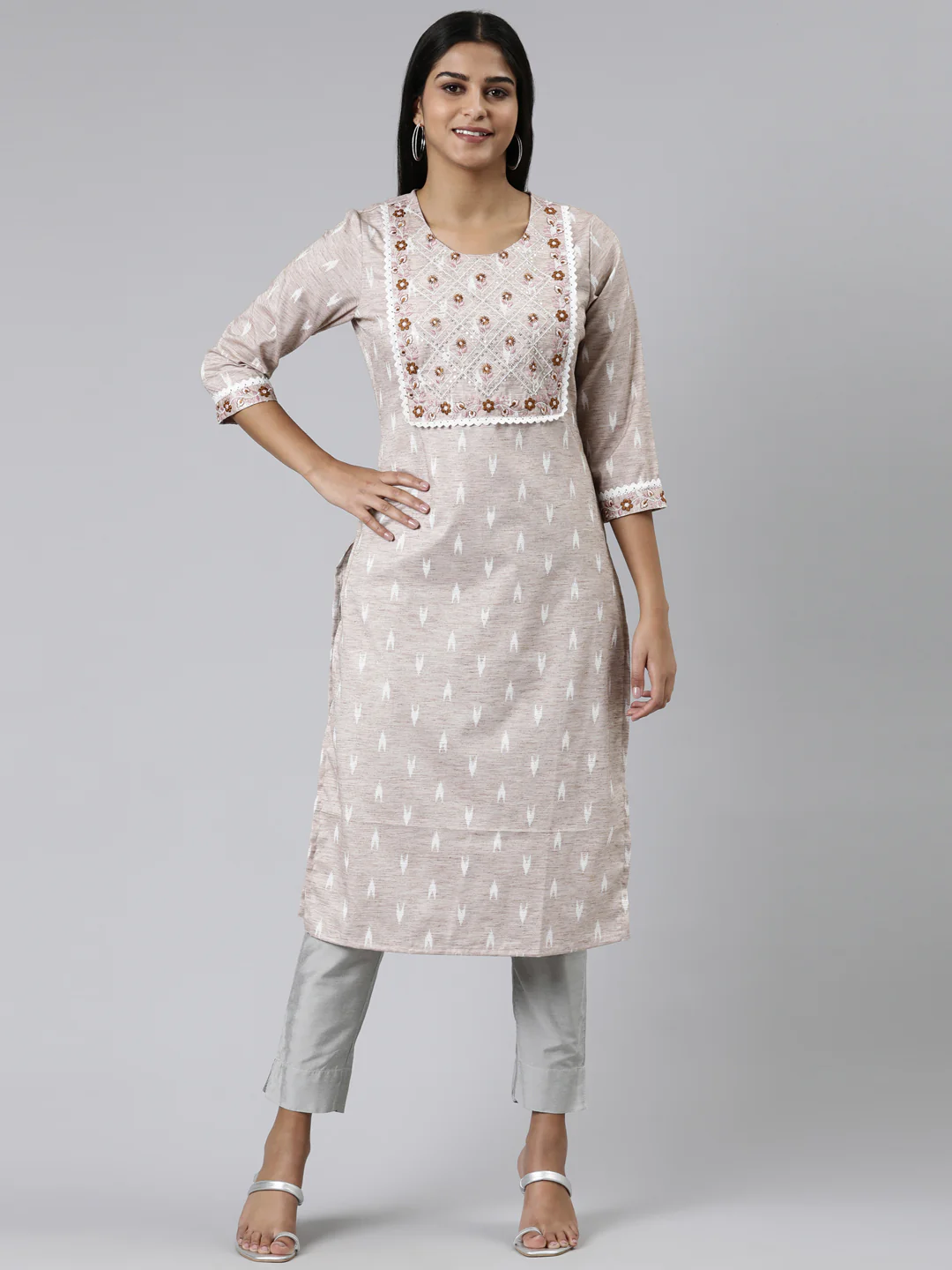 Neerus Grey Straight Printed Viscose Rayon Kurta