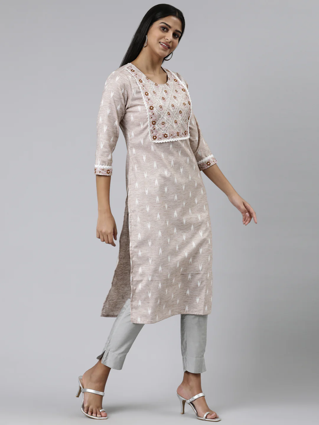 Neerus Grey Straight Printed Viscose Rayon Kurta - Image 2