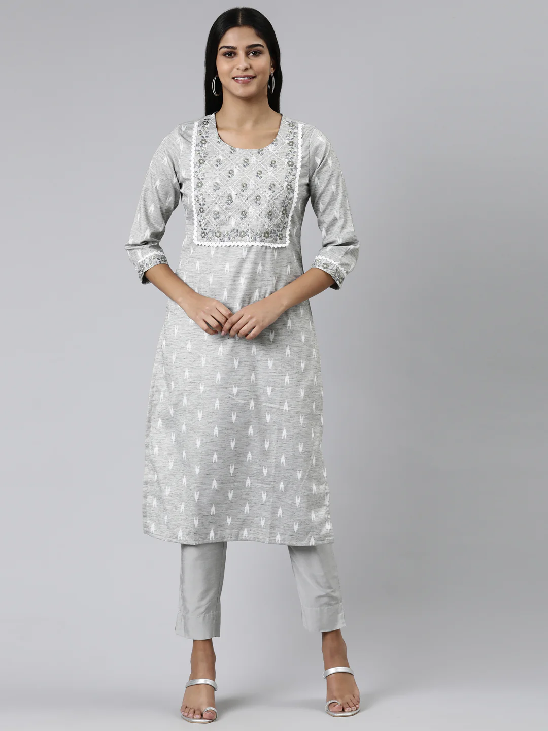 Neerus Grey Straight Printed Viscose Rayon Kurta