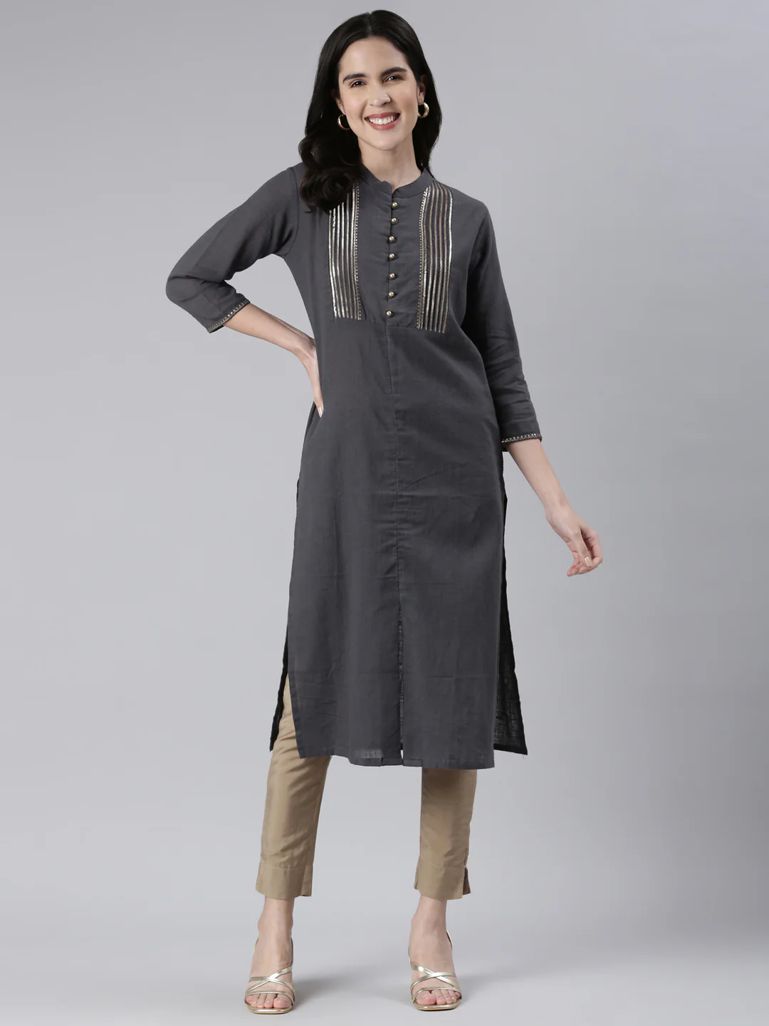 Neerus Grey Straight Solid Cotton Kurta