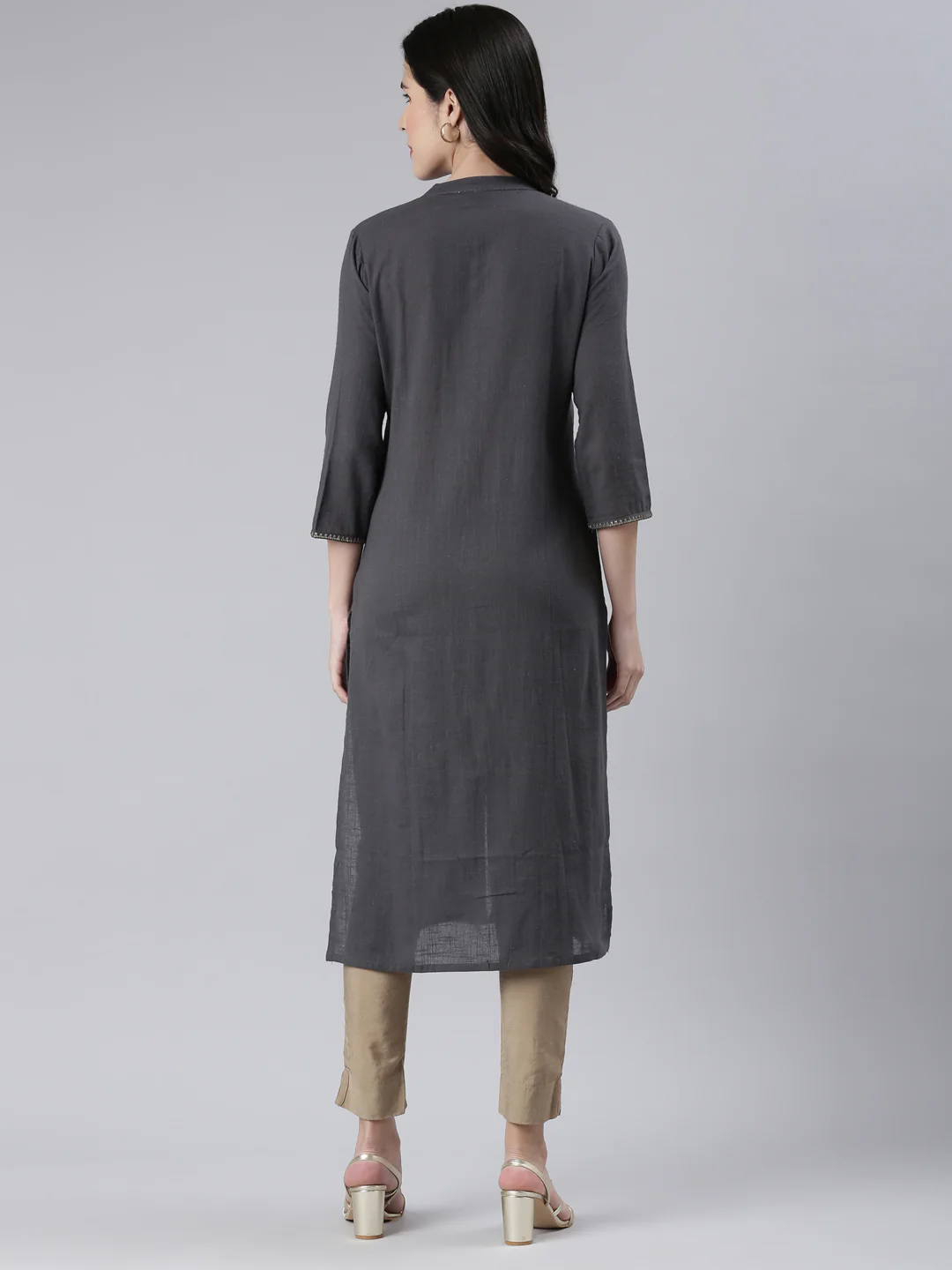 Neerus Grey Straight Solid Cotton Kurta - Image 3