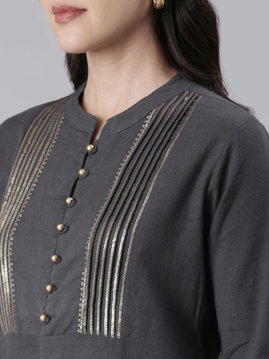 Neerus Grey Straight Solid Cotton Kurta - Image 4