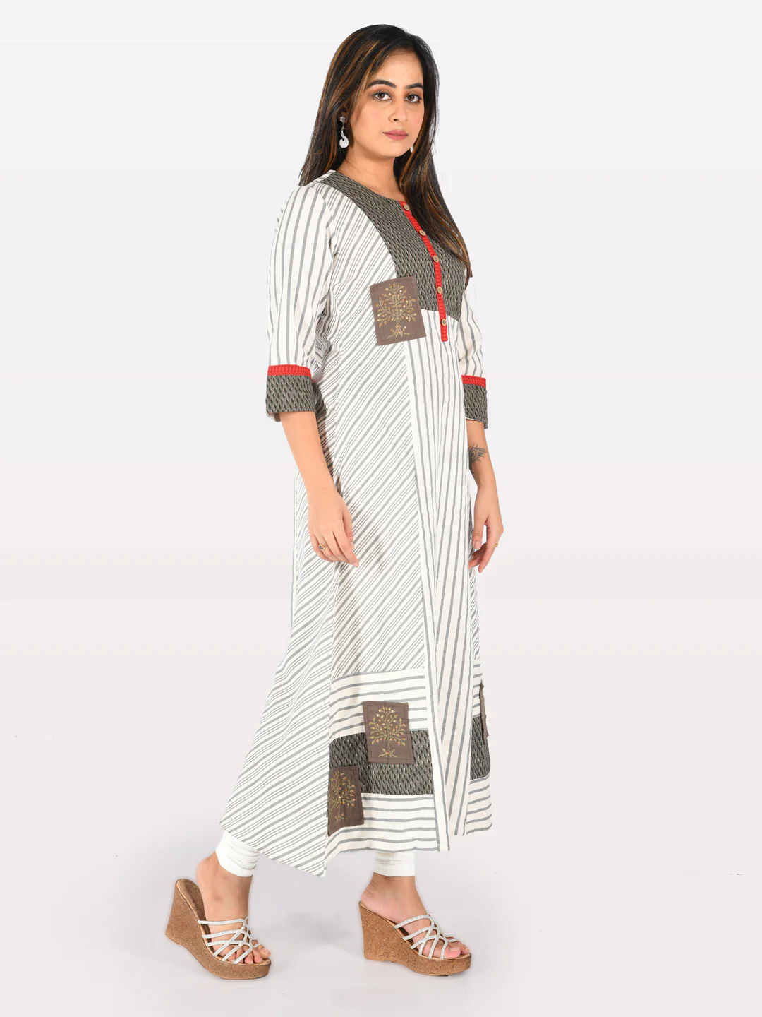 Neerus Grey Striped A Line Kurta - Image 2