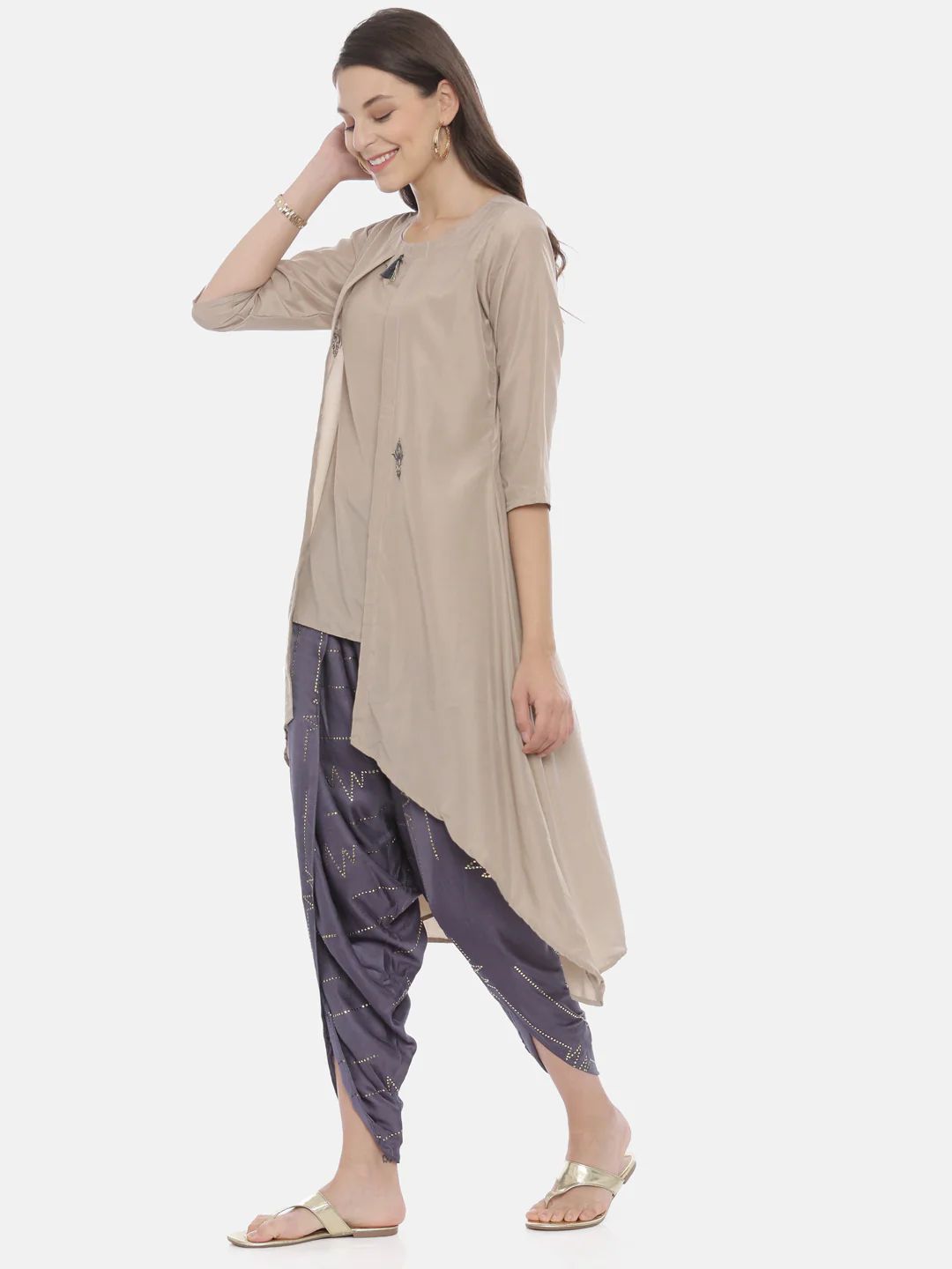 Neerus Grey & Violet Embroidered Kurta Dhoti Pant Set - Image 3