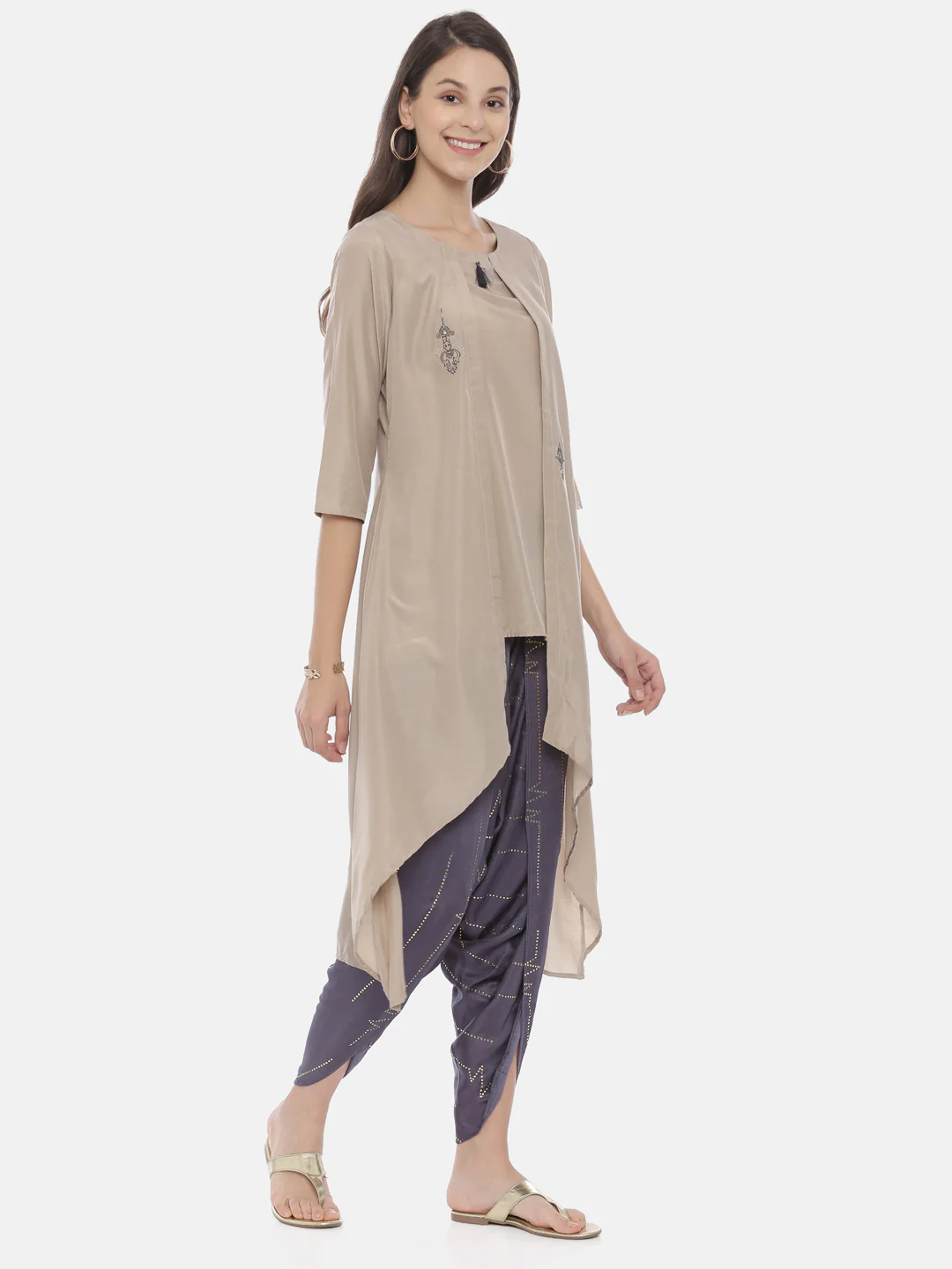 Neerus Grey & Violet Embroidered Kurta Dhoti Pant Set - Image 4