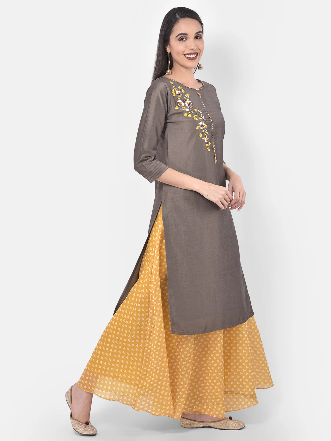 Neerus Grey & Yellow Embellished Kurta Skirt Set