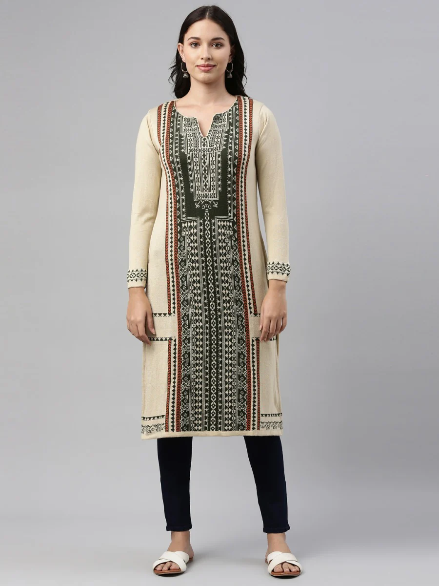 Neerus Ivory Color Winter Wear Kurtha - Image 3