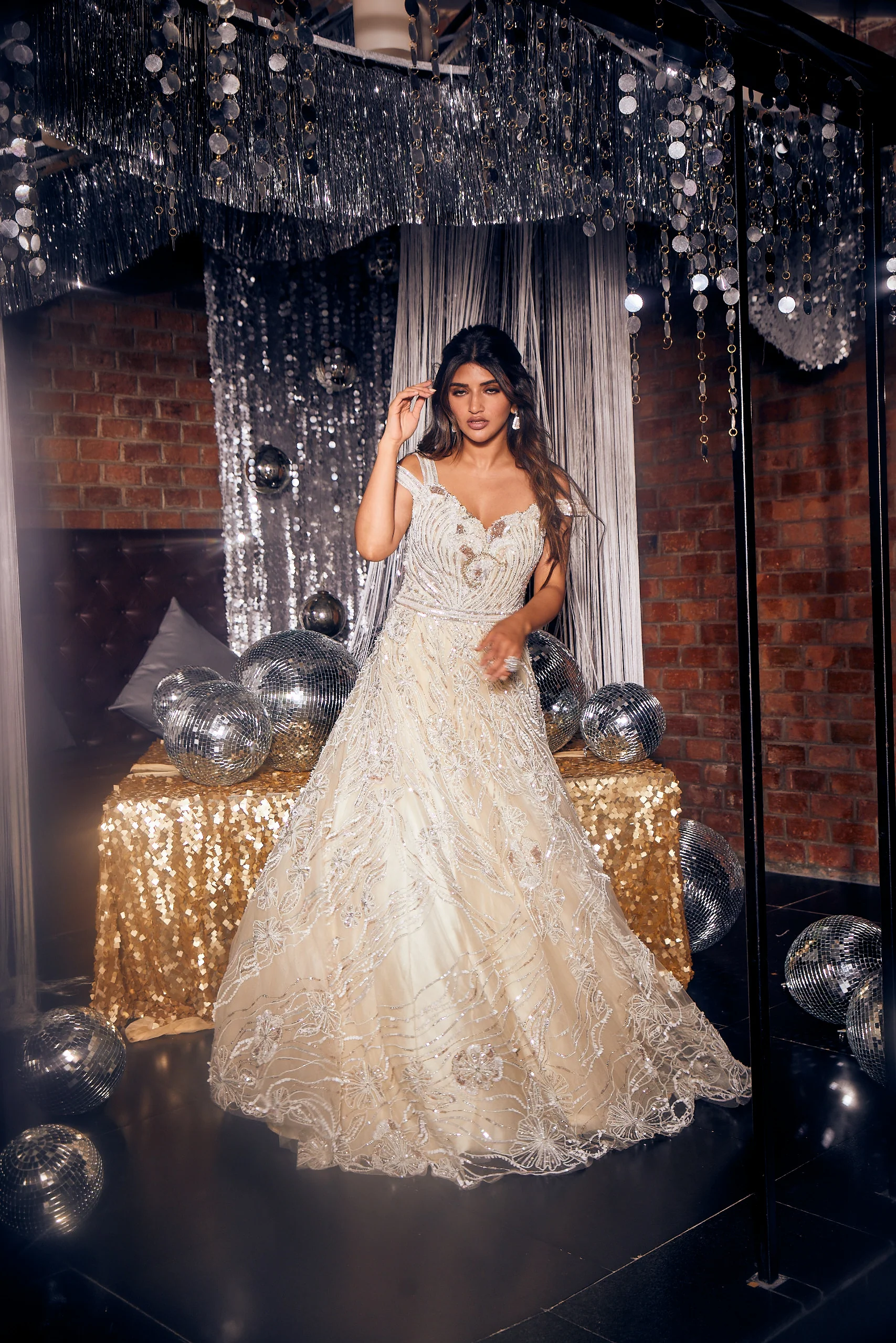 NEERU'S IVORY COLOR WITH ALL OVER SELF PATTERNED EMBROIDERY GOWN - Image 3