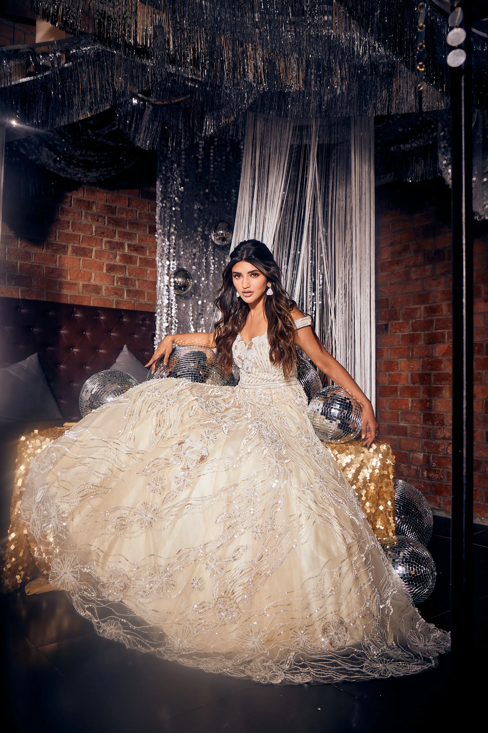NEERU'S IVORY COLOR WITH ALL OVER SELF PATTERNED EMBROIDERY GOWN - Image 4