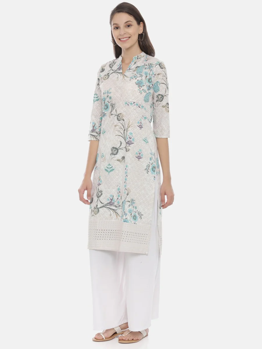 Neerus Ivory Embroidered Straight Kurta - Image 3