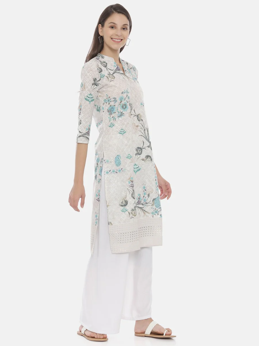Neerus Ivory Embroidered Straight Kurta - Image 4