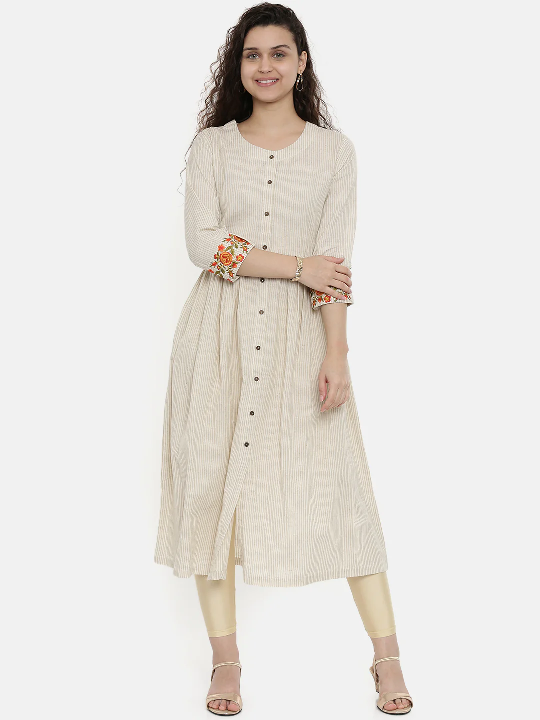 Neerus Ivory Striped A Line Kurta