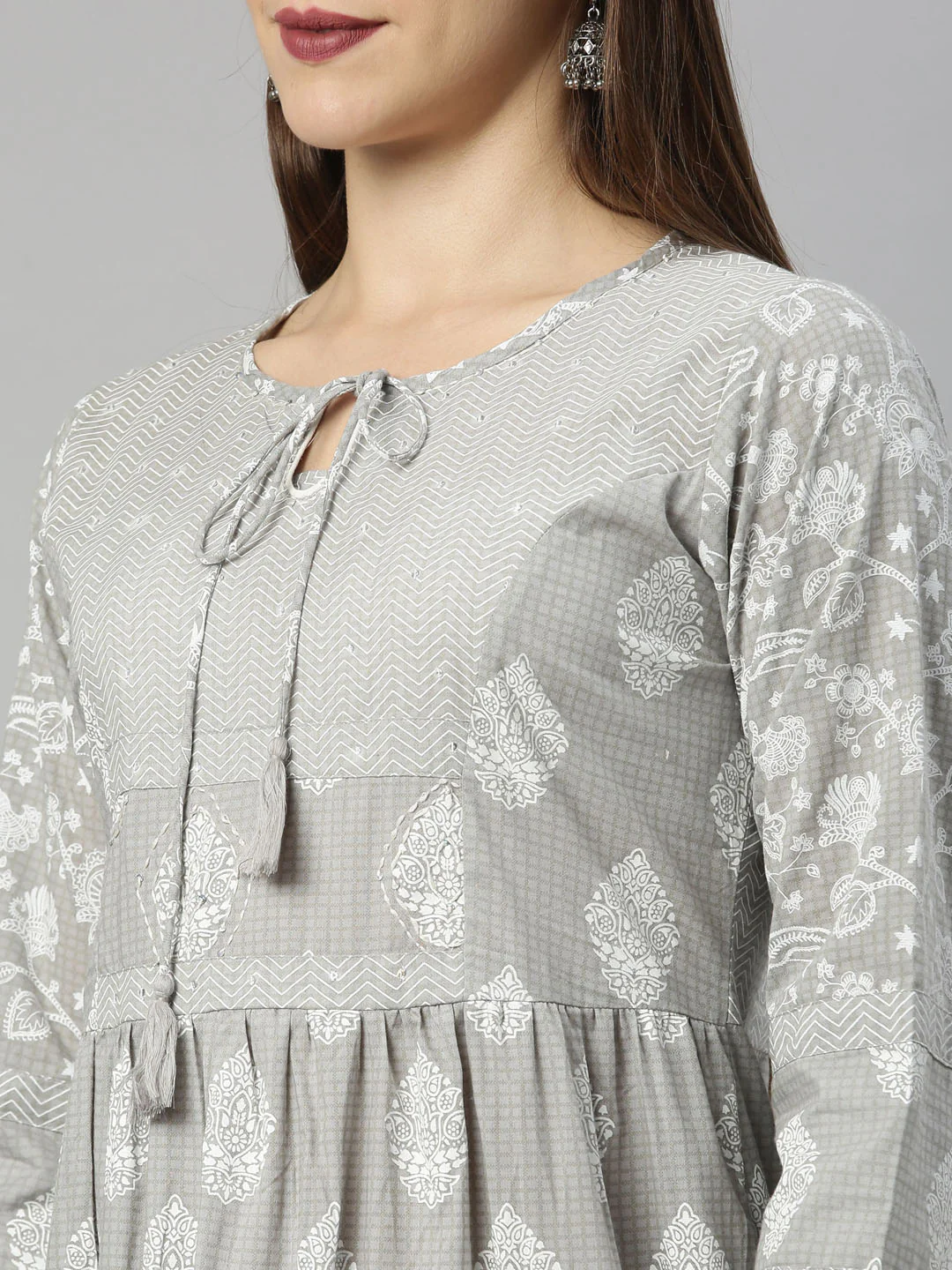 Neerus L Gray Color Cotton Fabric Tunic - Image 8