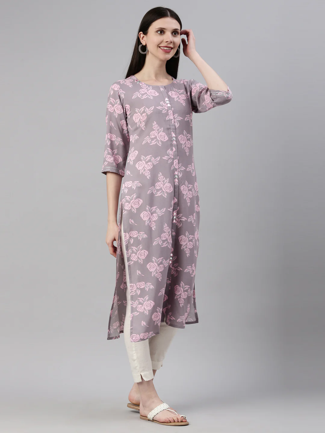 Neerus L Gray Color Rayon Fabric Kurta - Image 4