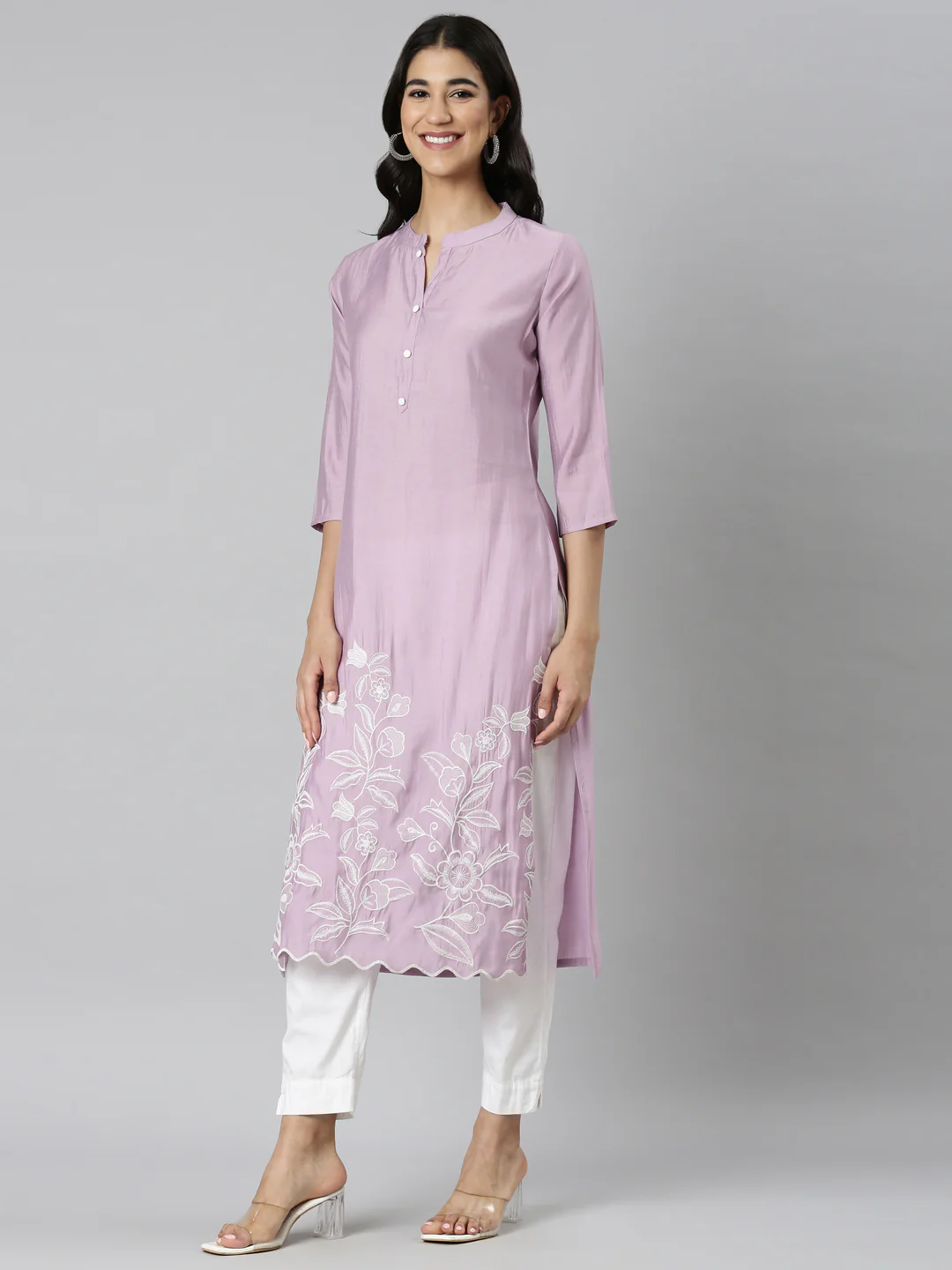 Neerus Lavender Casual Solid Straight Kurta - Image 2