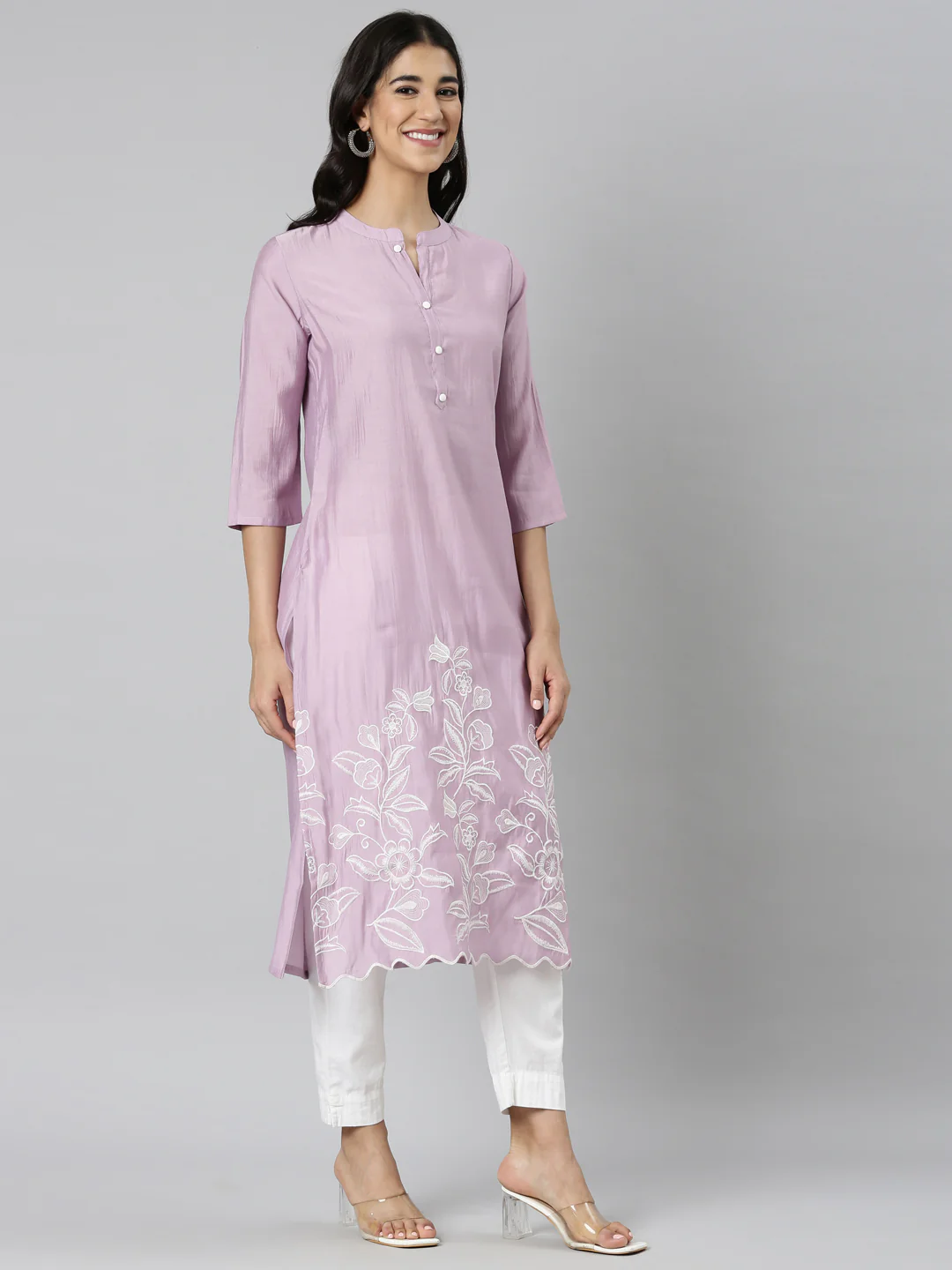 Neerus Lavender Casual Solid Straight Kurta - Image 3