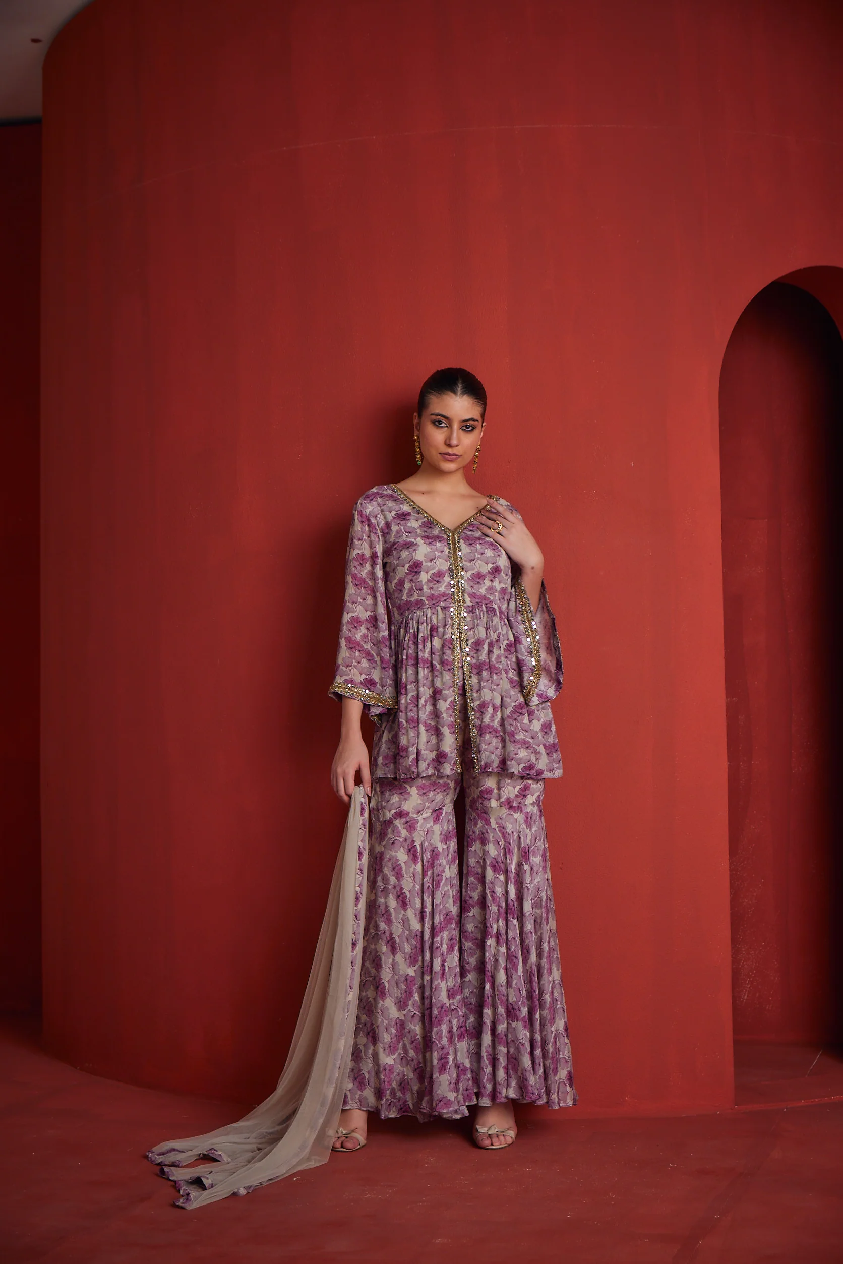 Neerus Lavender Color Crepe Fabric Floral Readymade Suit - Image 2