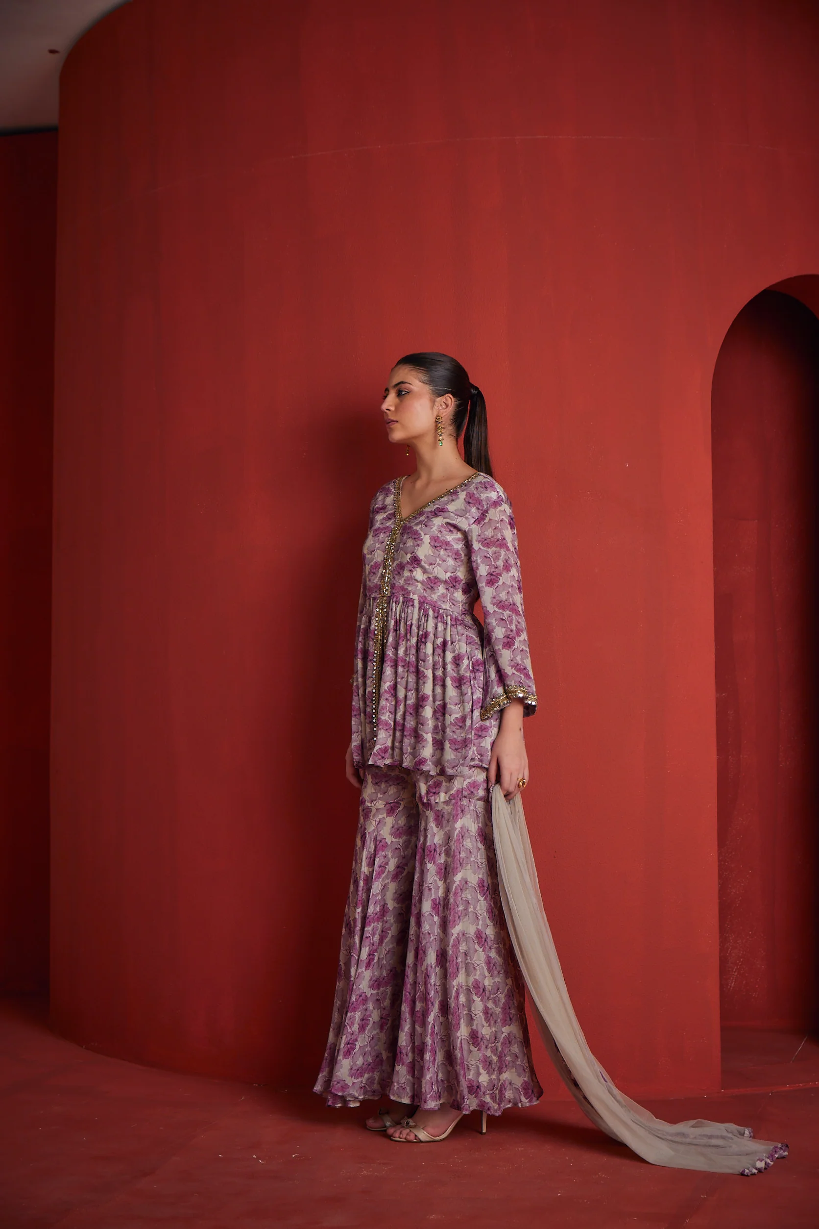 Neerus Lavender Color Crepe Fabric Floral Readymade Suit - Image 4