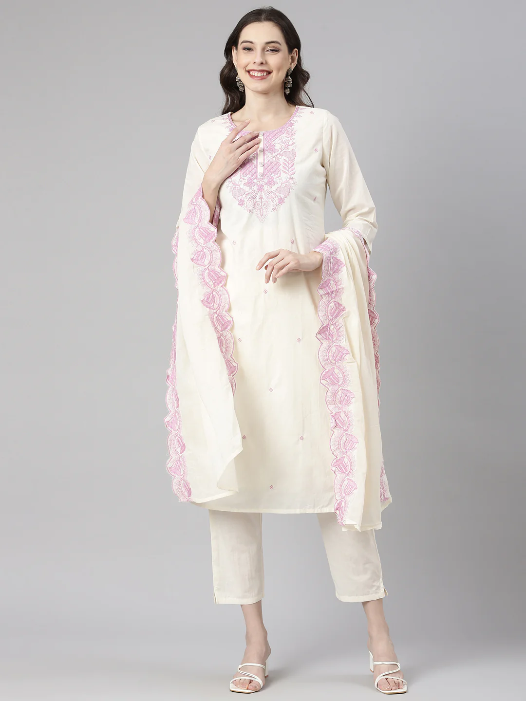 Neerus Lavender Embroidered Straight Kurta and Trousers With Dupatta