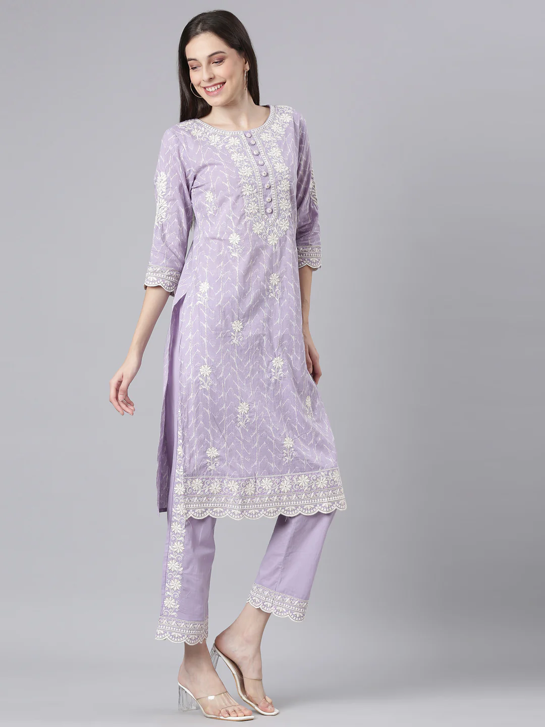 Neerus Lavender Embroidered Straight Kurta and Trousers With Dupatta - Image 2