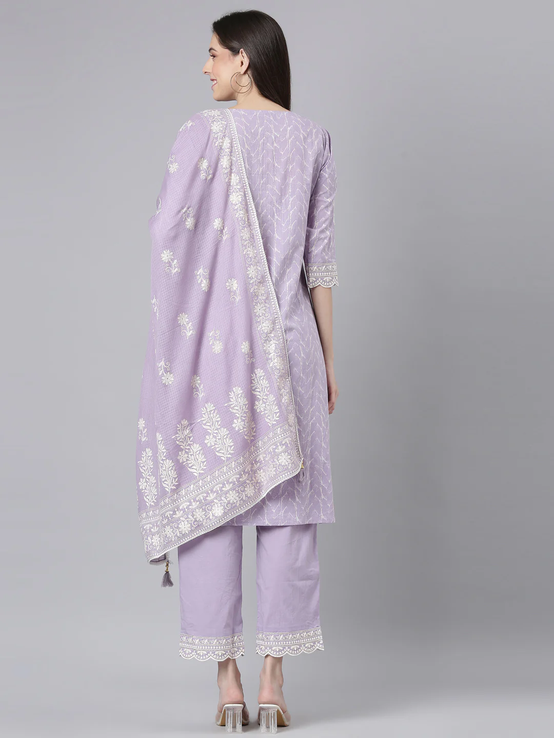 Neerus Lavender Embroidered Straight Kurta and Trousers With Dupatta - Image 3