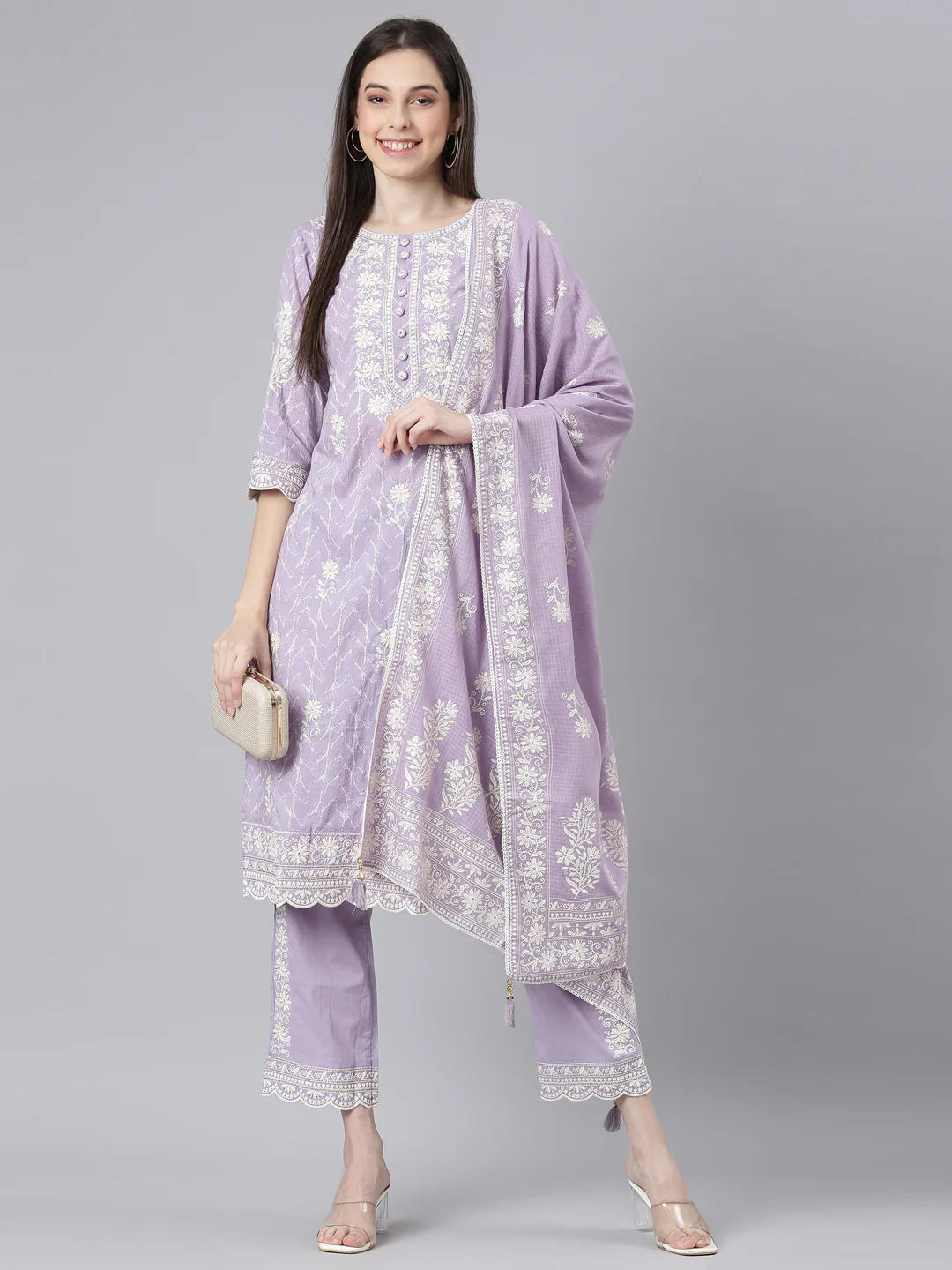 Neerus Lavender Embroidered Straight Kurta and Trousers With Dupatta - Image 5