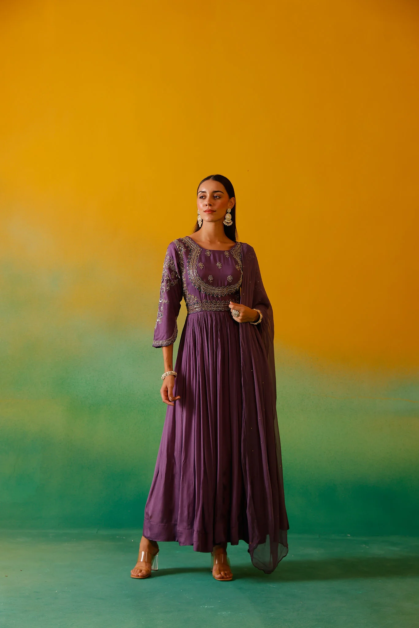 Neerus Lavender Embroidery Chinon Fabric Anarkali and Dupatta. - Image 3