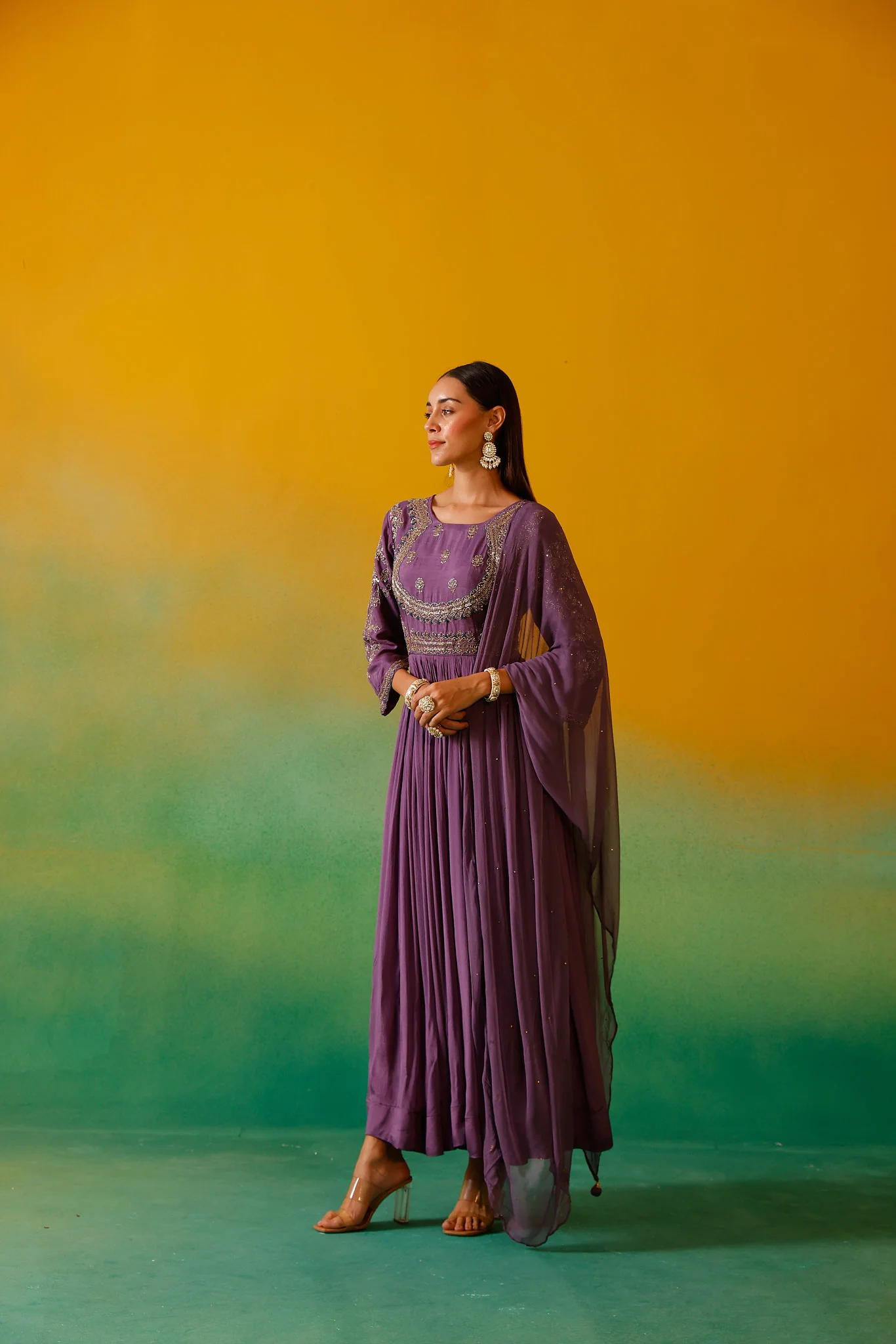 Neerus Lavender Embroidery Chinon Fabric Anarkali and Dupatta. - Image 4