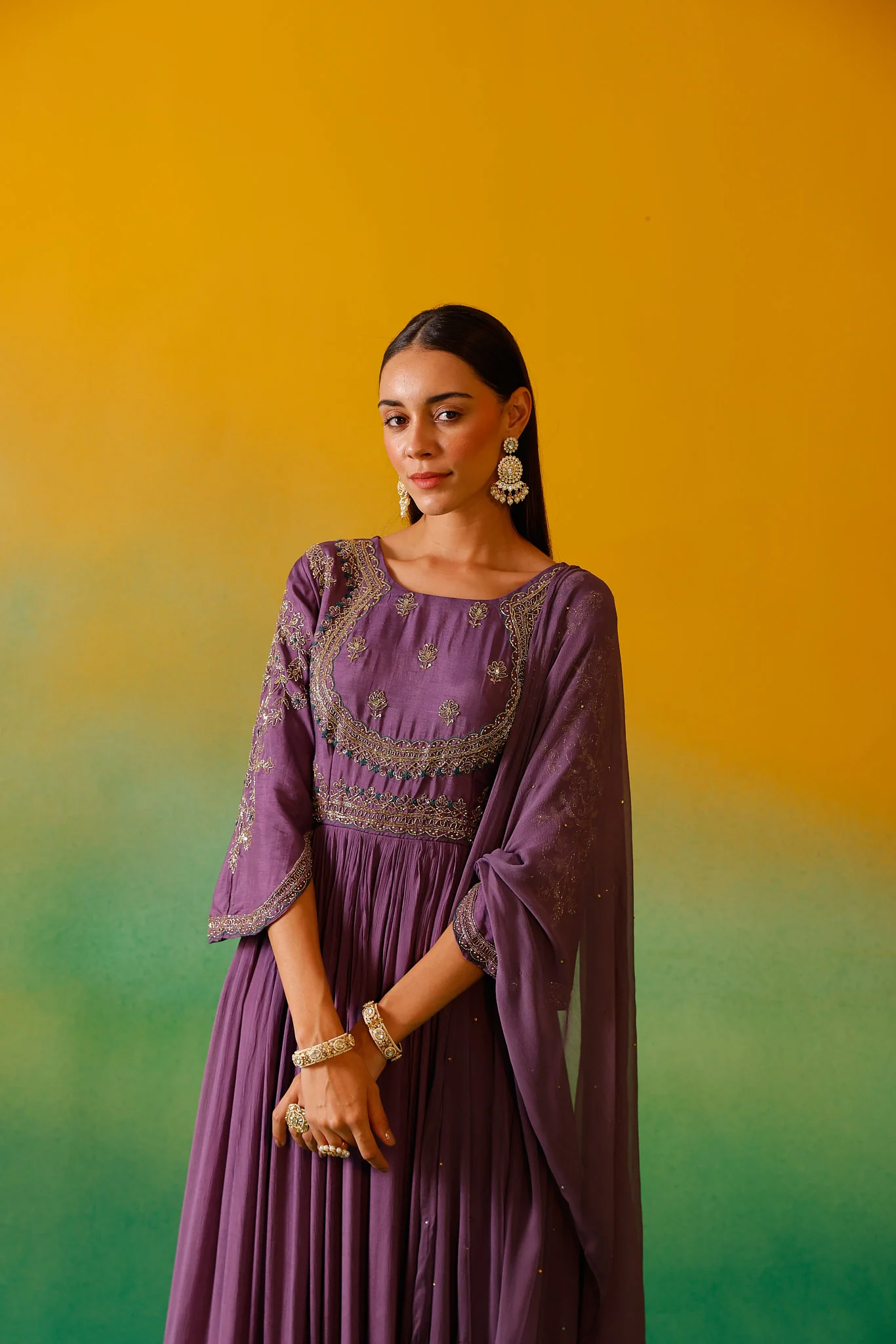 Neerus Lavender Embroidery Chinon Fabric Anarkali and Dupatta. - Image 7