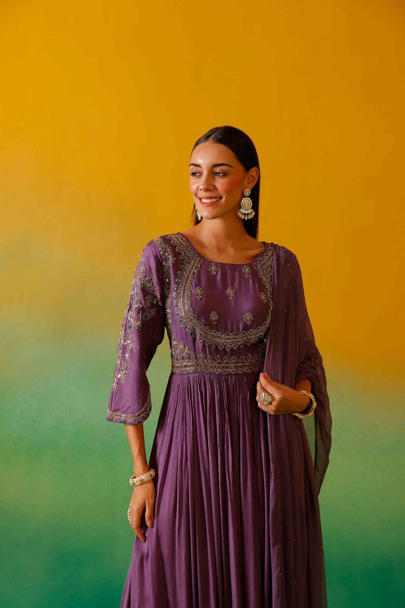 Neerus Lavender Embroidery Chinon Fabric Anarkali and Dupatta. - Image 9