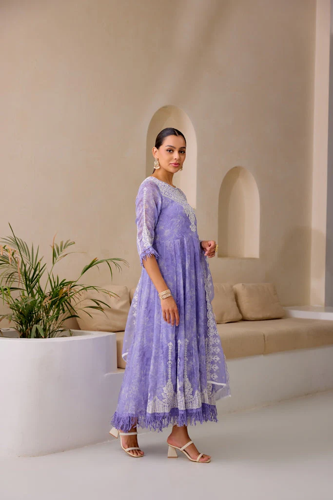 Neerus Lavender Flared Emblleshied Kurta And Trousers With Dupatta - Image 2