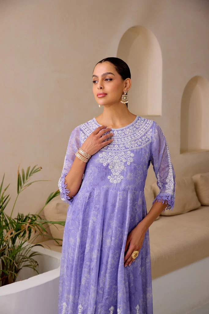 Neerus Lavender Flared Emblleshied Kurta And Trousers With Dupatta - Image 6