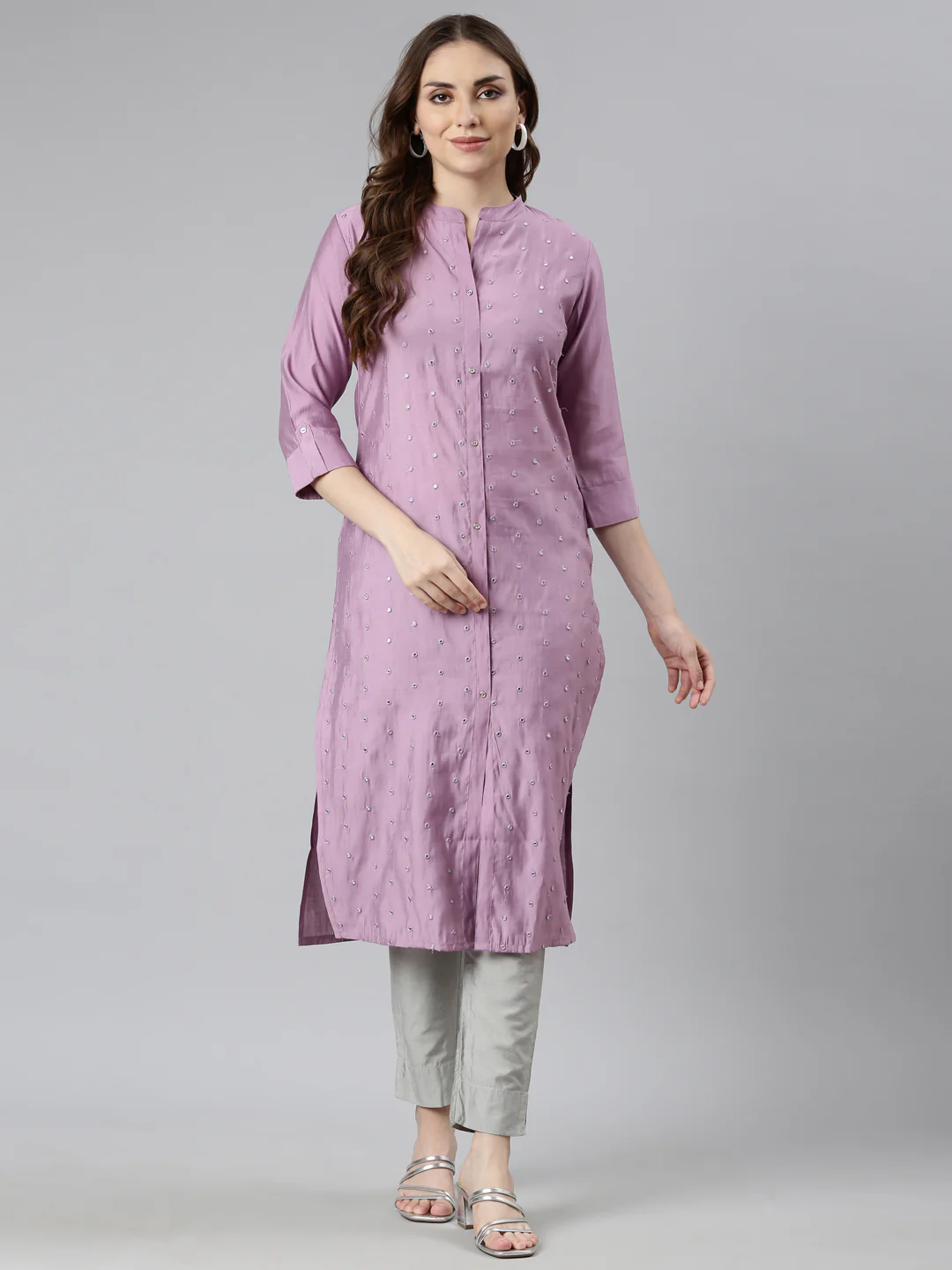 Neerus Lavender Panelled Straight Embellished Kurta - Image 4