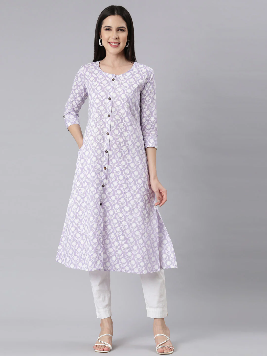 Neerus Lavender Panelled Straight Floral Kurta
