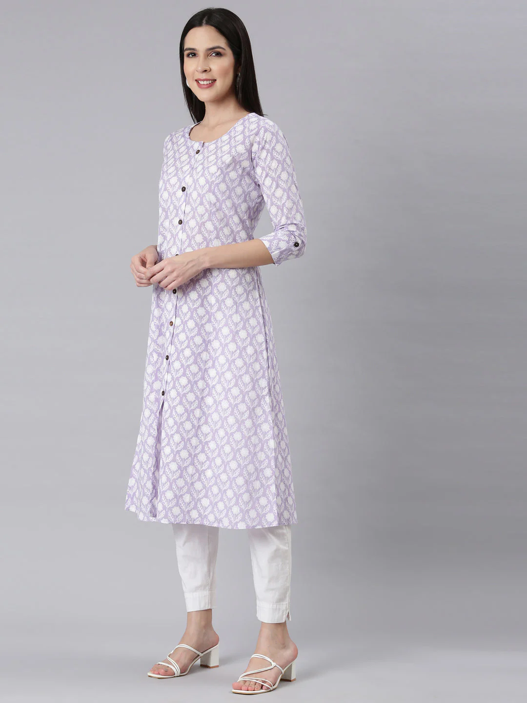 Neerus Lavender Panelled Straight Floral Kurta - Image 2