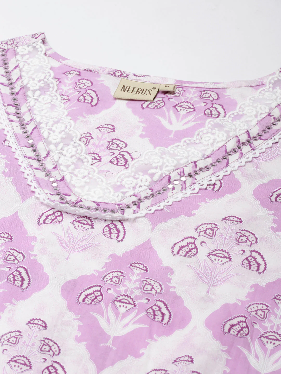 Neerus Lavender Panelled Straight Printed Kurta And Trousers With Dupatta - Image 2