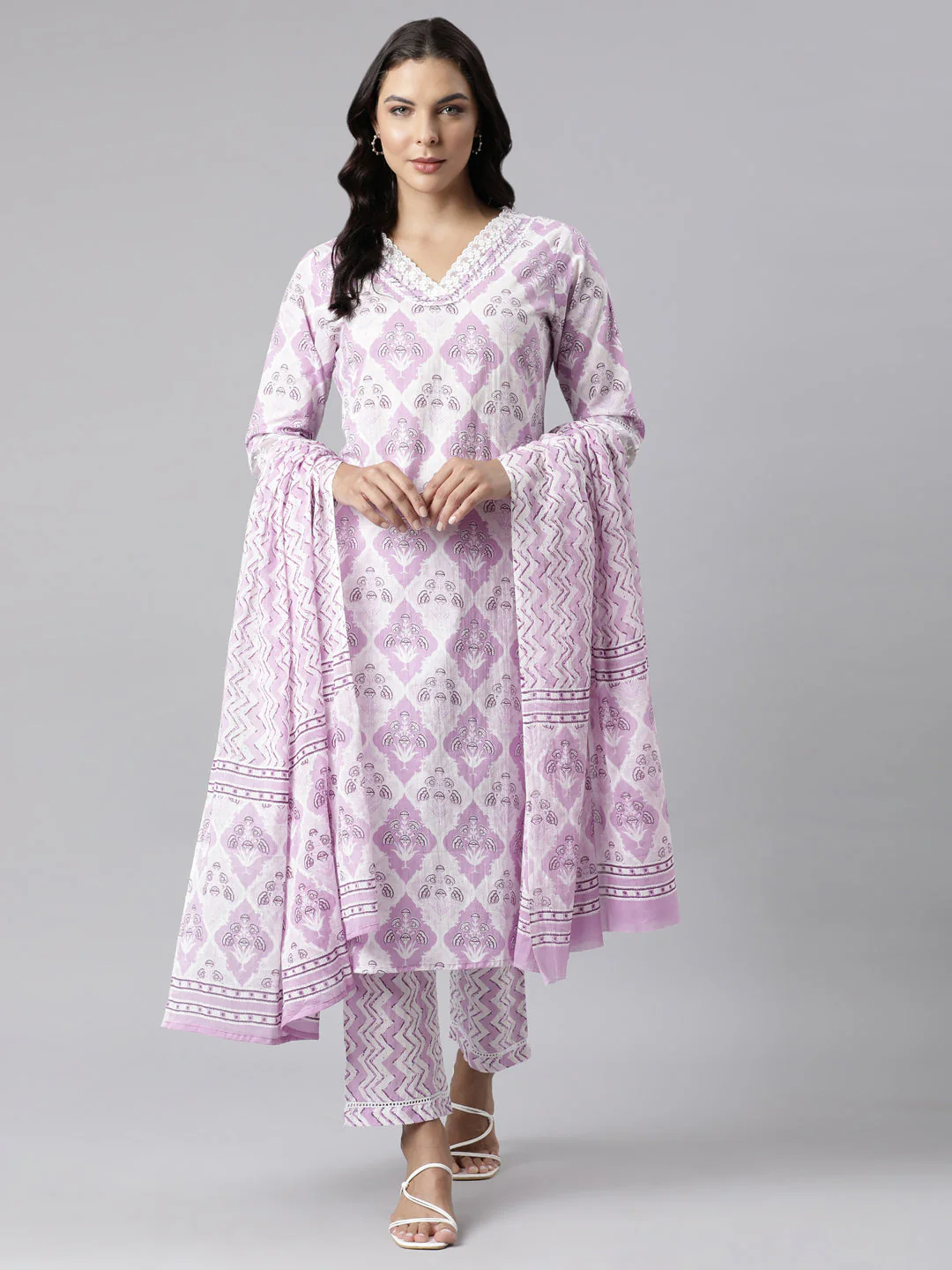 Neerus Lavender Panelled Straight Printed Kurta And Trousers With Dupatta - Image 6