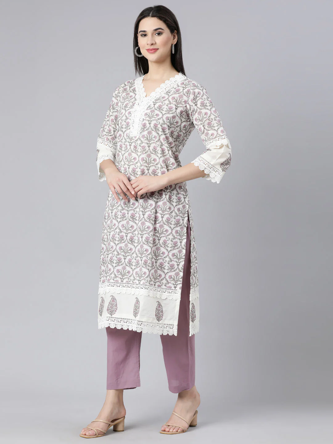 Neerus Lavender Panelled Straight Printed Kurta And Trousers With Dupatta - Image 2