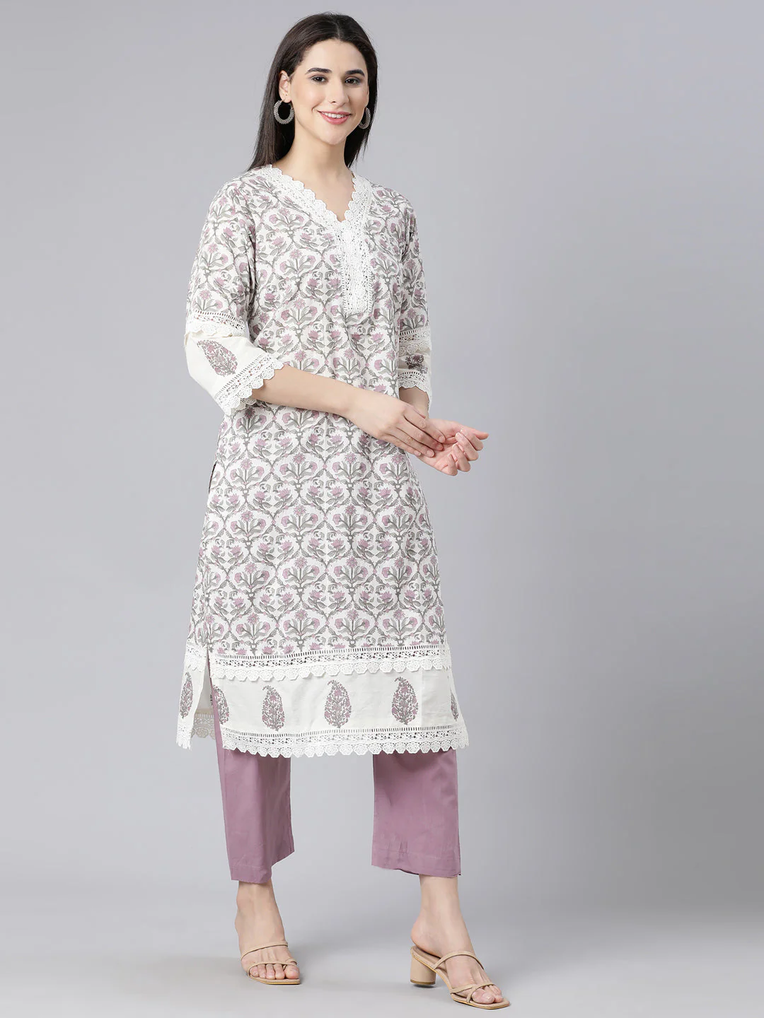 Neerus Lavender Panelled Straight Printed Kurta And Trousers With Dupatta - Image 3