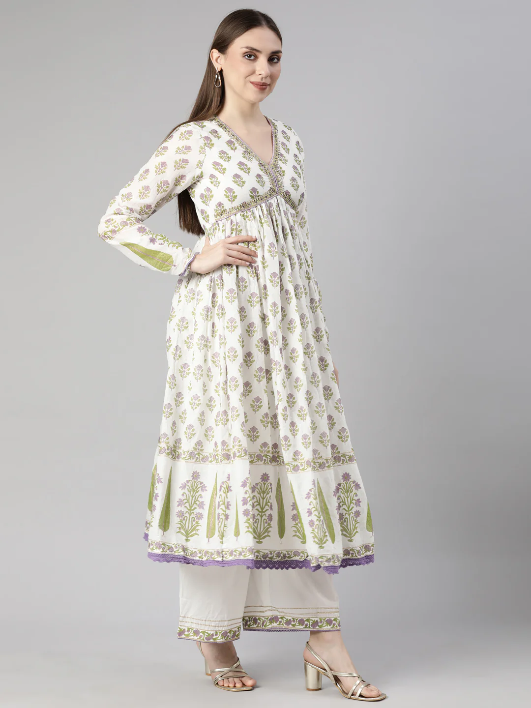 Neerus Lavender Pleated Straight Floral Kurta And Palazzos With Dupatta - Image 2