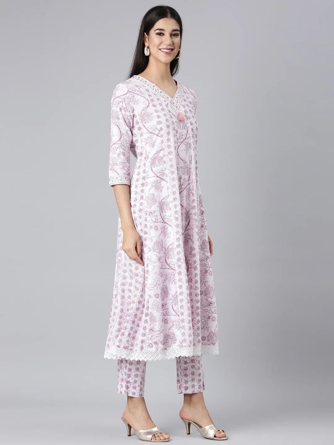 Neerus Lavender Printed Anarkali Kurta and Trousers With Dupatta - Image 2