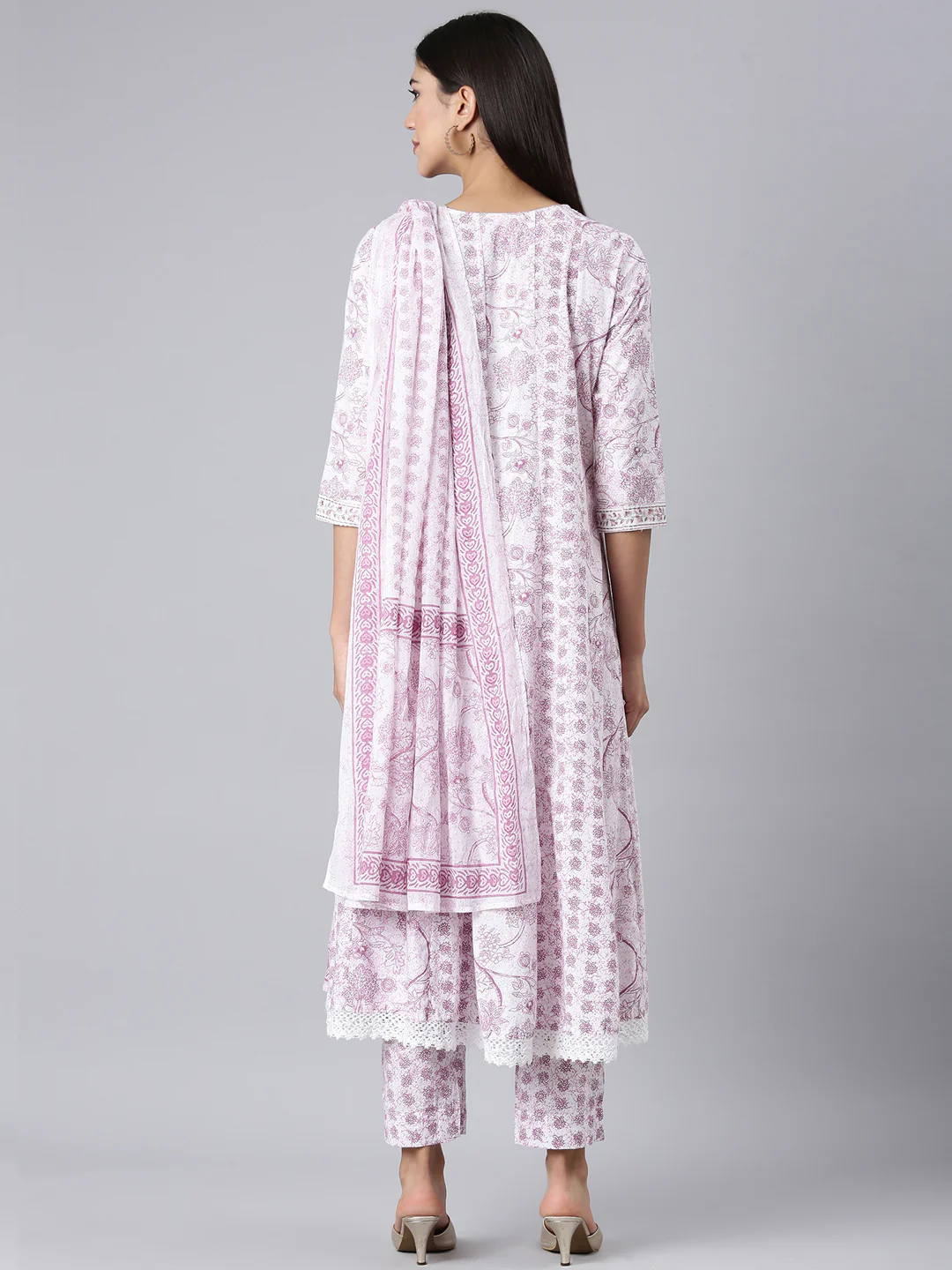 Neerus Lavender Printed Anarkali Kurta and Trousers With Dupatta - Image 3
