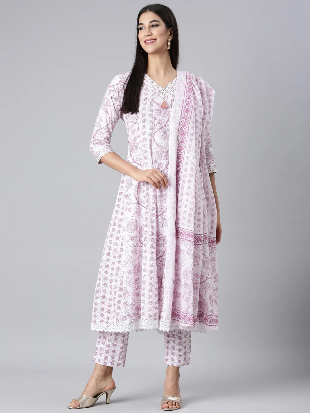 Neerus Lavender Printed Anarkali Kurta and Trousers With Dupatta - Image 5