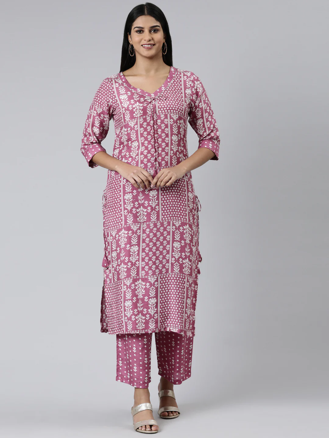 Neerus Lavender Regular Calf Length Printed Kurta Printed Palazzos