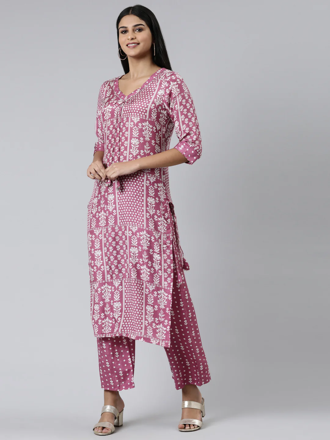 Neerus Lavender Regular Calf Length Printed Kurta Printed Palazzos - Image 2