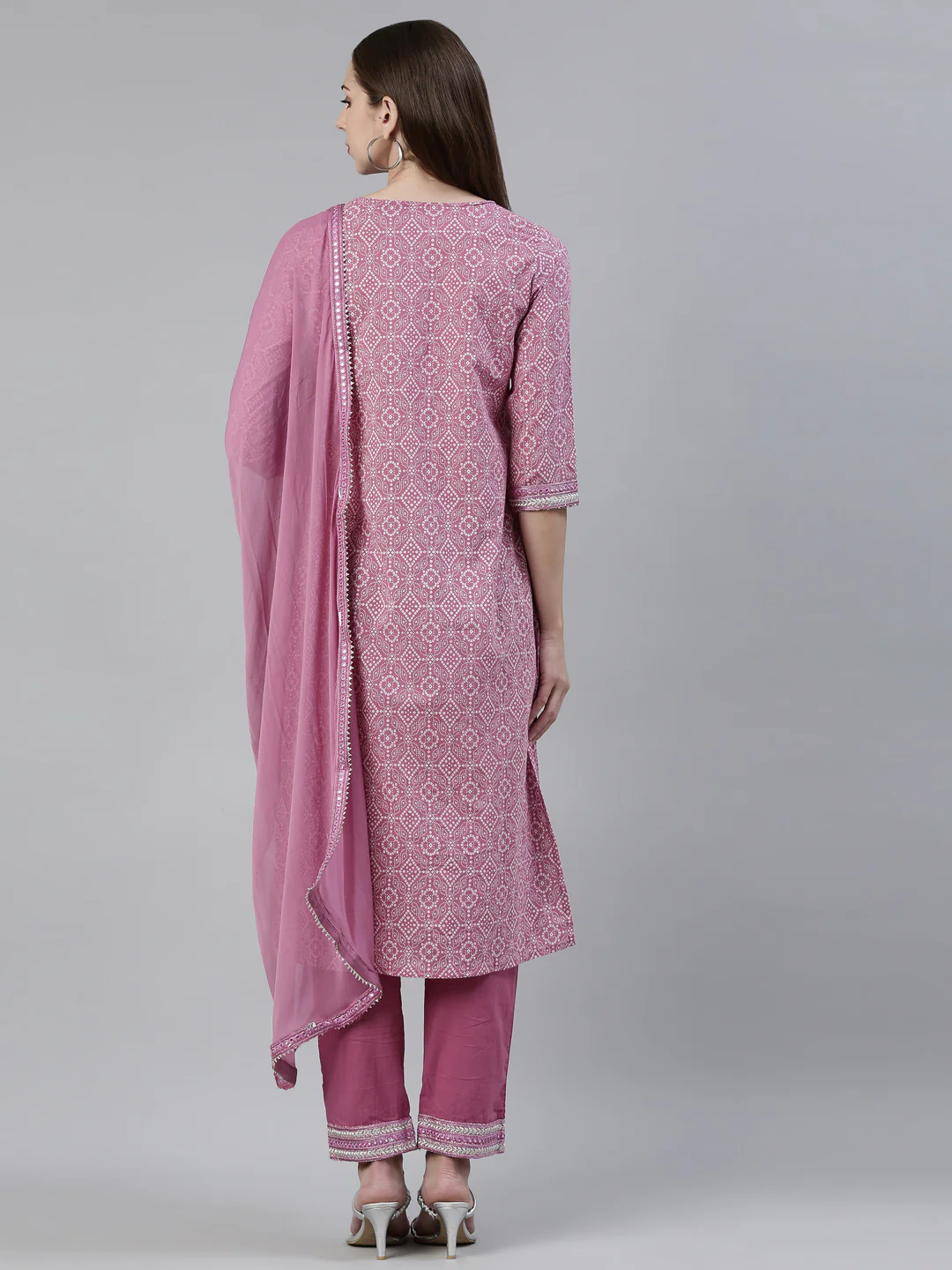 Neerus Lavender Regular Knee Length Printed Kurta Solid Trousers With Dupatta - Image 3